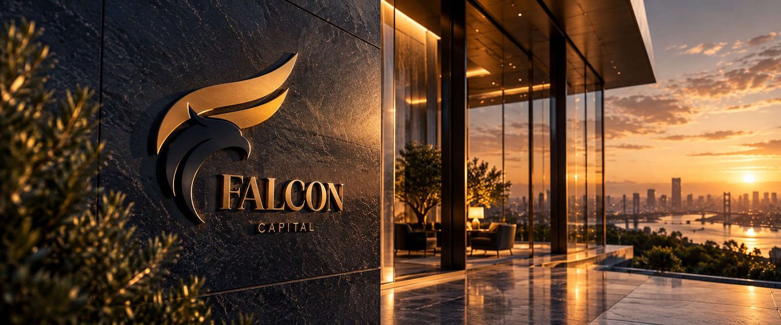 Falcon Capital signage at the entrance of a dusk-lit office