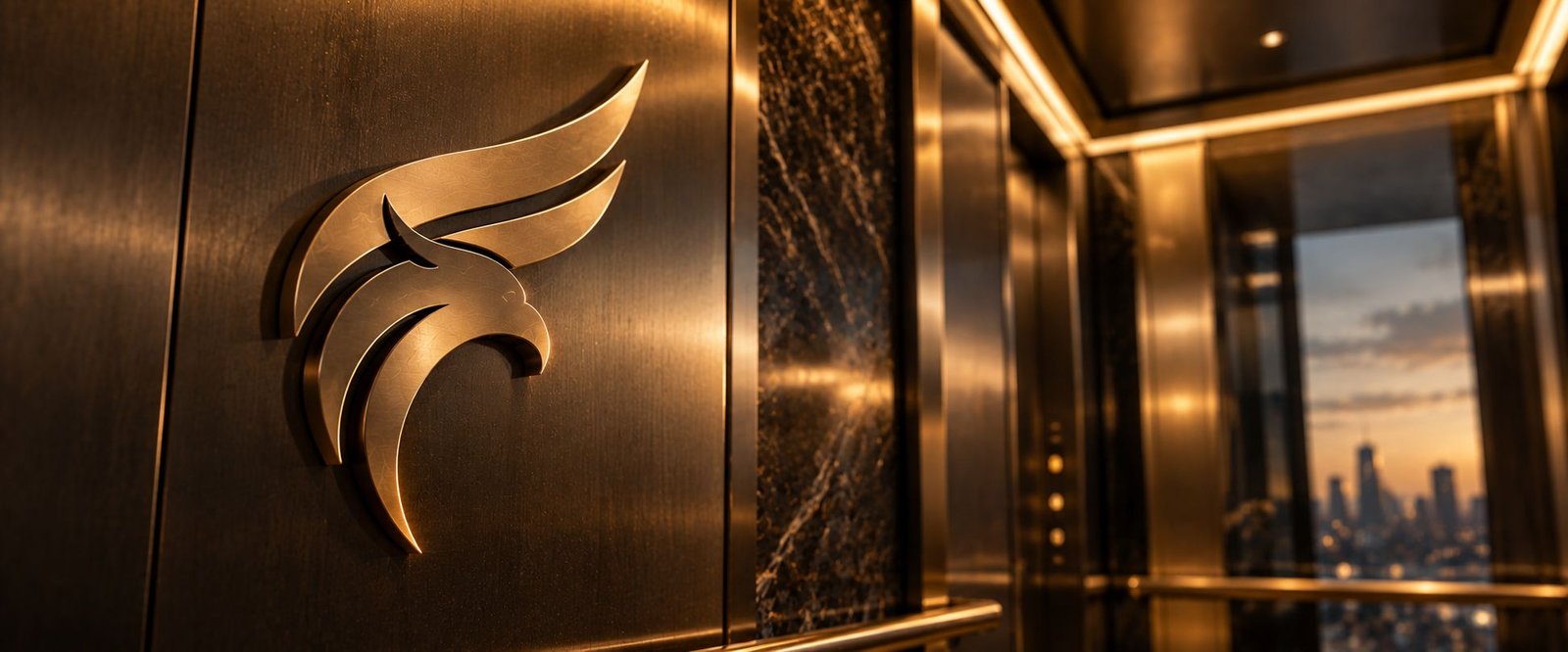 The Falcon symbol in bronze beside a lift overlooking the city